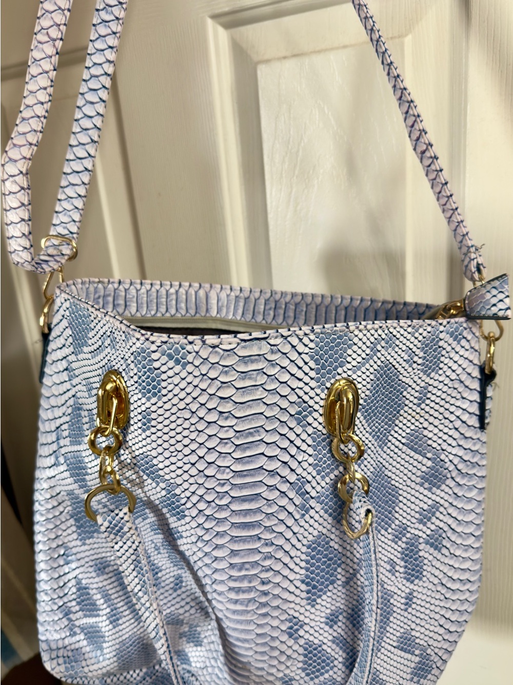 Light Blue Snakeskin-Texture Shoulder Bag with Gold Hardware